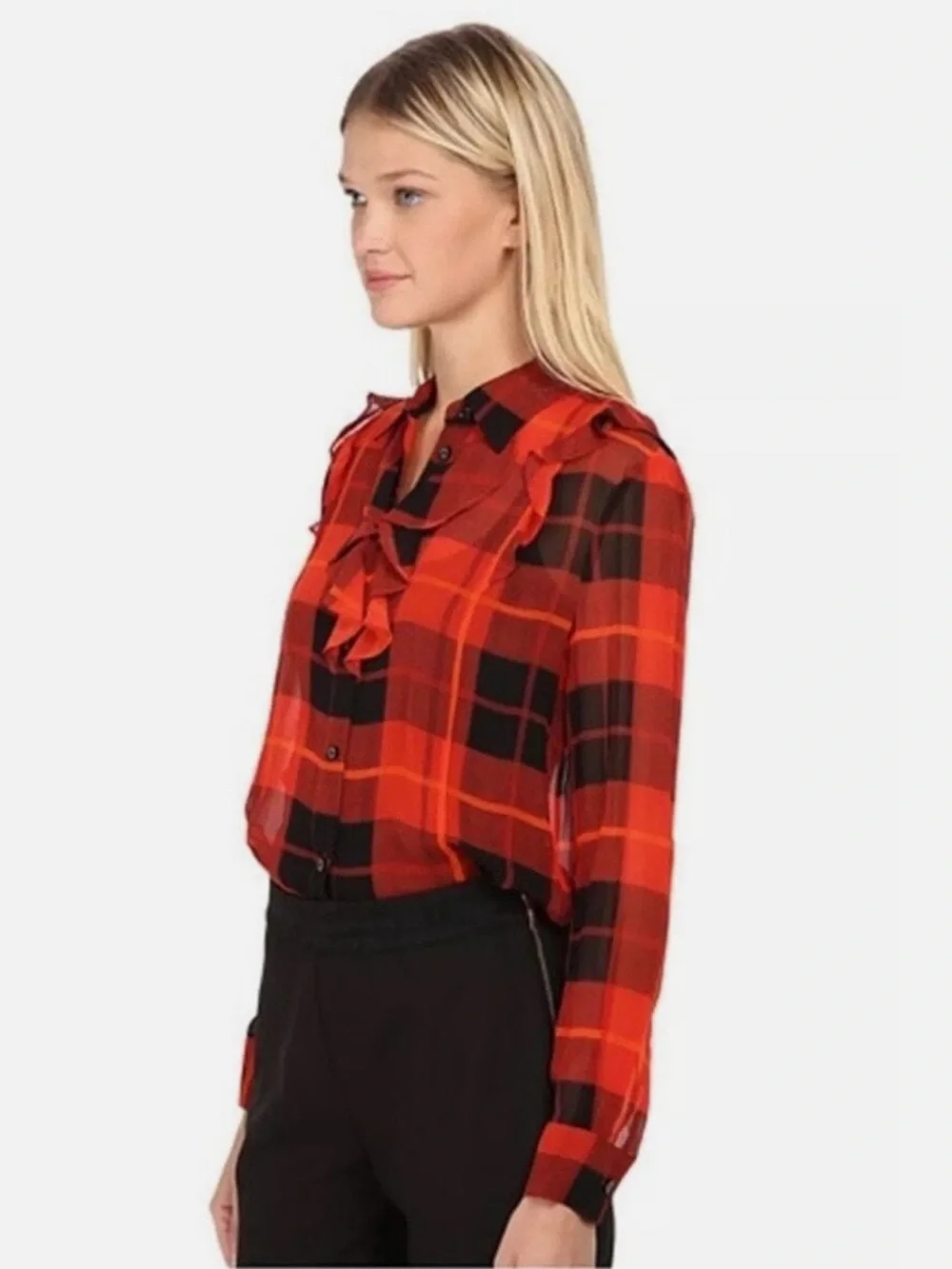 KATE SPADE Plaid Ruffle Front Button-Up Silk Blouse
